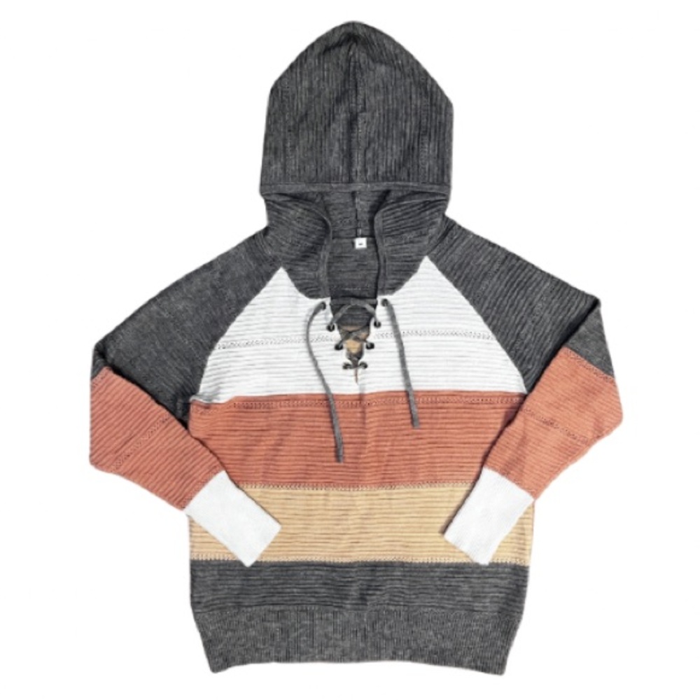 Multicolor Colorblock Tie V‎ Neck Hooded Sweater Size Medium Casual Normcore
